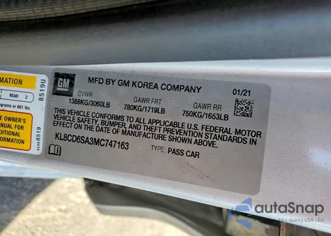 2021 Chevrolet Spark 1Lt из США, поврежденный, VIN KL8CD6SA3MC747163